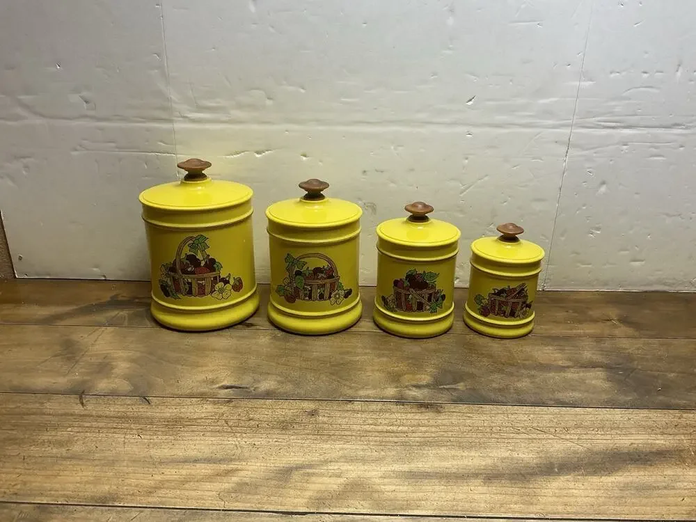 Vtg 70s Kromex Yellow Fruit Basket Aluminum Kitchen Canister Set